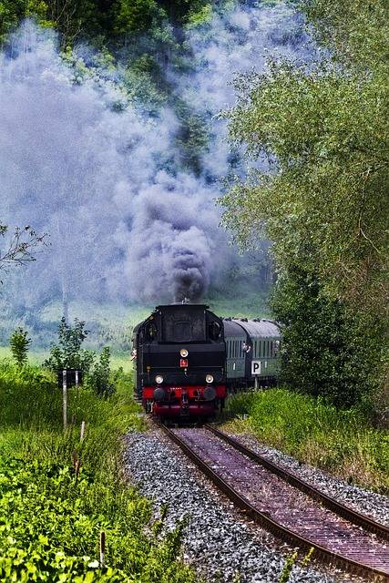 Tagesausflug Dresden Umgebung. Auf dem Bild sehen wir eine Dampfeisenbahn, die durch ein grünes Tal fährt.