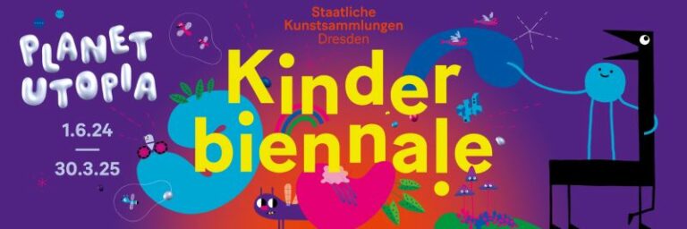 Während der klassenfahrt nach Dresden besucht die Schulklasse die Kinderbiennale im Japanischen Palais. Auf dem Bild der bunte Flyer.